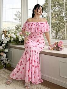 Rometta Plus Size Off-Shoulder Ruffle Elegant Commuter Lace Bodycon Maxi Dress - Pink - View 8