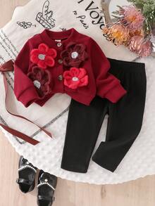 SHEIN 嬰兒/幼兒（女童）紅色羅紋長袖開襟外套，大花飾裝搭配純色長褲 2 件套，春秋休閒日常寬鬆套裝 - 紅色 - 查看 2