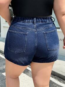 SHEIN ICON 大尺碼女款夏季休閒牛仔裙褲 - 深色水洗藍 - 查看 2