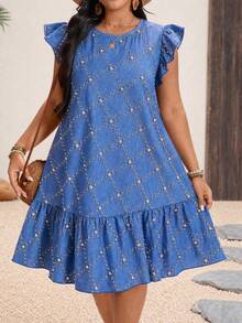 SHEIN Holidaya Plus Size Women's Rhinestone Design Round Neck Short Flutter Sleeve Ruffle Hem Casual Dress - Blue - View 6