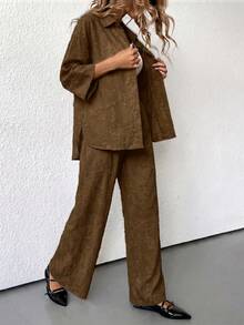 Aveloria Modichic 2pcs Women Blended Side Slit Loose Shirt&Wide Leg High Waist Pants Set Elegant Business Casual Women - Coffee Brown - View 4