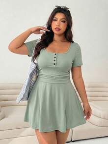 Solflare Mint Green Plus Size Women's Button Short Sleeve Pocket Jumpsuit Dress - Mint Green - View 4