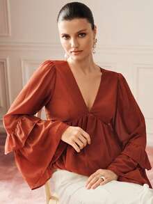 BELROSIE Romantic Elegant Floral Bud Hem V-Neck Semi-Sheer Chiffon Ruffle Bell Sleeve Blouse Tea Party Rusty Orange Autumn - Brown - View 3