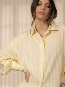 KÆRIA Hus Ciro Button Up Shirt - Viscose Drape, Button Up, Relaxed, Shirt Collar, Long Sleeve, Textured, Tonal Stripe, Relaxed Fit - Butter Yellow Stripe - Yellow - View 1