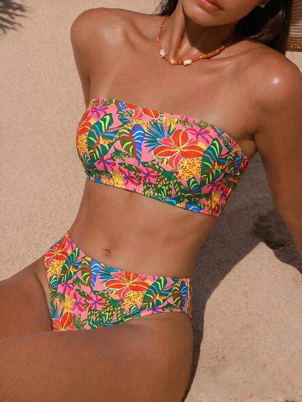 Swim SXY 2pcs/Set Women's Floral Random Print Strapless Bikini Swimsuit Set, Suitable For Summer Beach Vacation Outfit