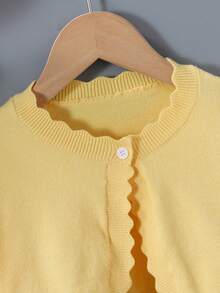 SHEIN Elladie kids 女童休閒百搭素色開襟毛衣外套 秋季 - 黃色 - 查看 3