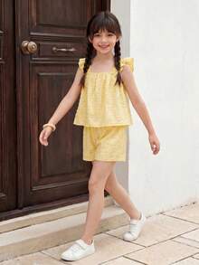 Casuvi Kids 少女清新亮丽的奶油黄方领短袖提花背心短裤两件套，甜美百搭休闲装 - 黃色 - 查看 4