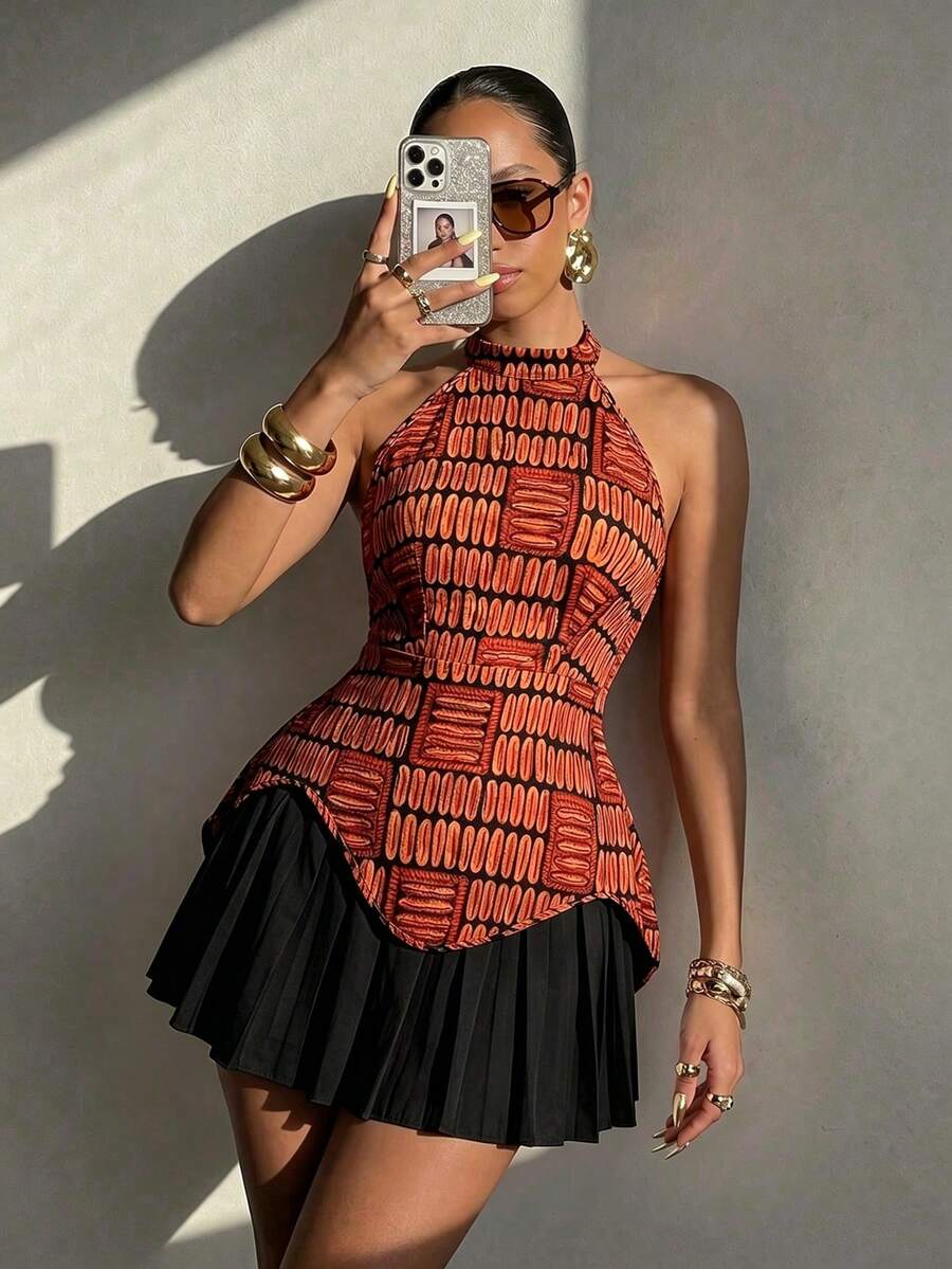 SHEIN Elenzya 女款夏季印花不對稱下擺百褶裙 2 件套 - 黑色 - 查看 1