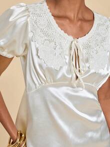 Travachic Women's Summer Elegant Romantic Lace Patchwork Tie-Front Top Brunch Date Off-White Wedding - Pink - View 3