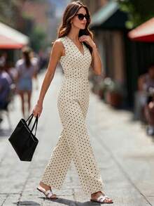 Editum Women's Black White Polka Dot V-Neck Ruched Waist Sleeveless Jumpsuit Brunch Summer French Elegant - Apricot - View 3