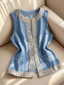GlowEve Women's Embroidered Patchwork Casual Denim Vest - Light Wash - View 3