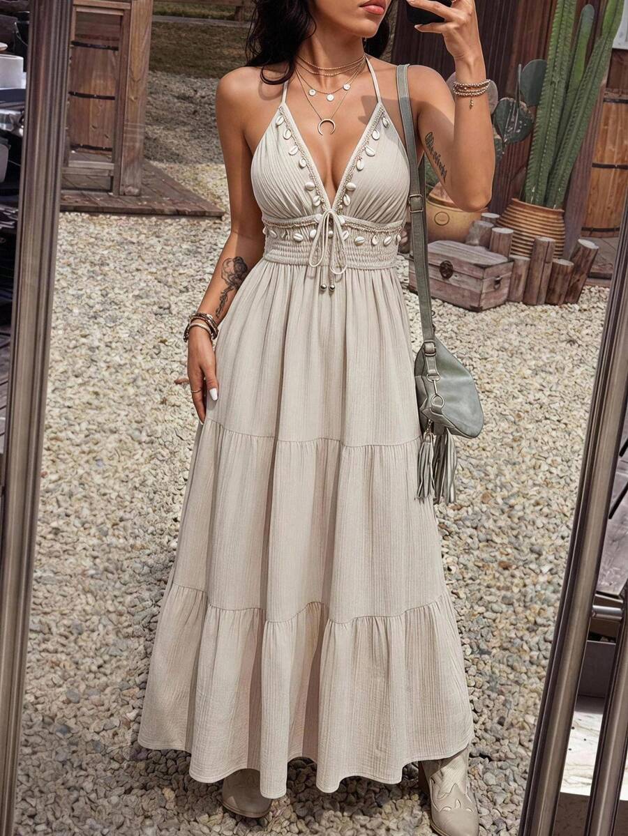 SHEIN EZwear 米色編織吊飾露背掛脖洋裝,海灘度假夏季波希米亞風 - 杏色 - 查看 1