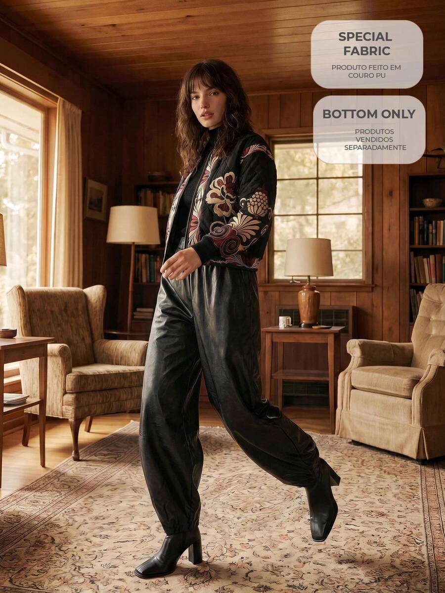 CAJUNI Autumn PU Leather Bucket Pants Holiday Party Going Out Black Casual - Black - View 1