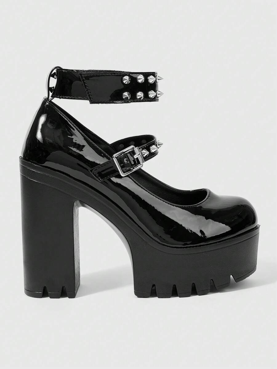 ROMWE Grunge Punk Women Shoes Fashion Sexy Platform High Heel Shoes Punk Gothic Rivet Inlaid Classic Nightclub Party Festival - Black - View 1