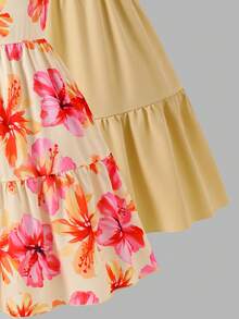 SHEIN Elladie kids 女童休閒甜美花卉與素色拼接細肩帶洋裝，適合日常穿著、夏季、戶外與度假 - 黃色 - 查看 7