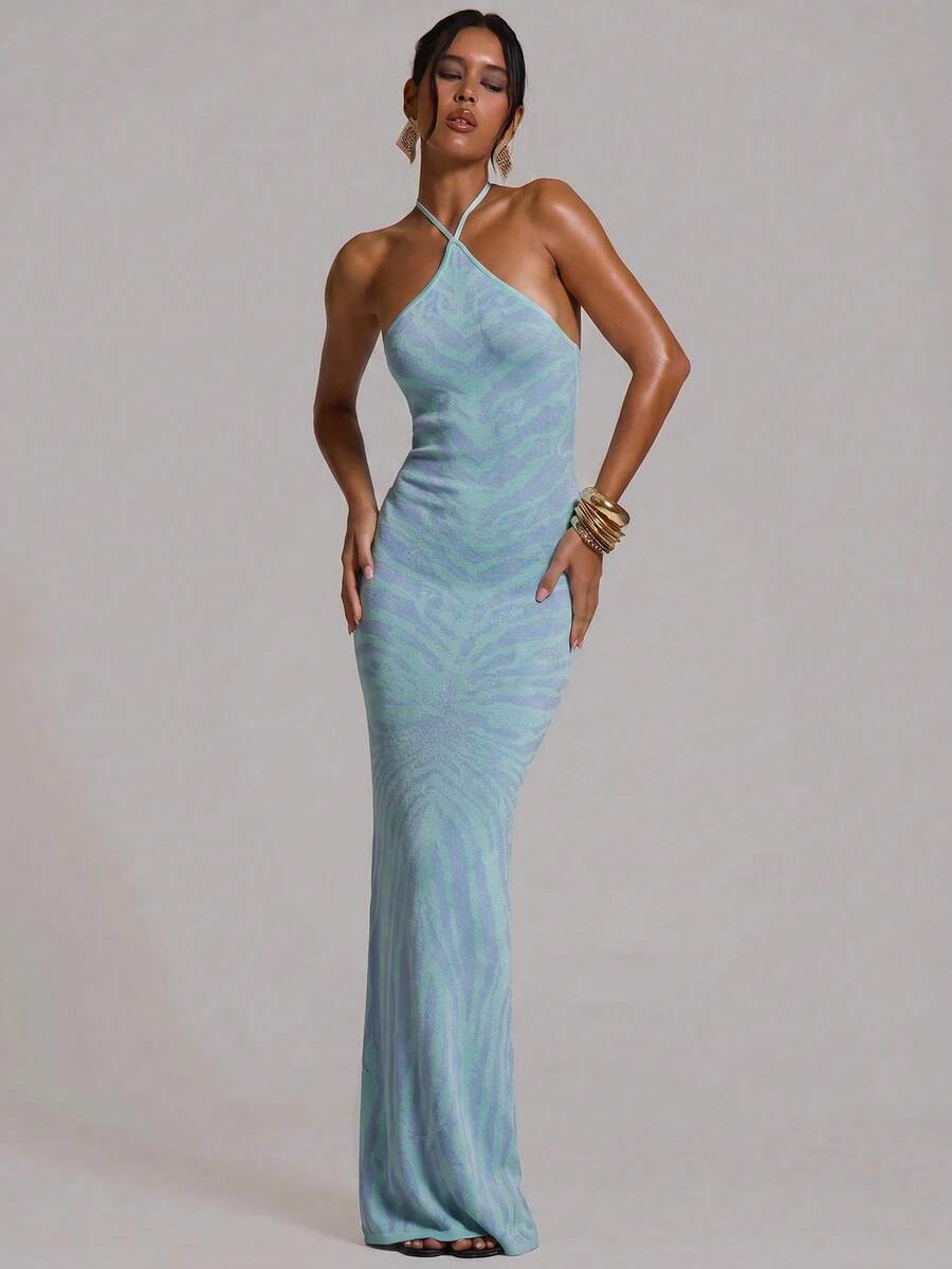MUSERA Vestido Maxi Ajustado de Punto con Cuello Halter para Verano, Vacaciones, Playa, Club, Sexy, Casual, Festival, Ibiza, Elegante, Obsidiana - Azul - Ver 1