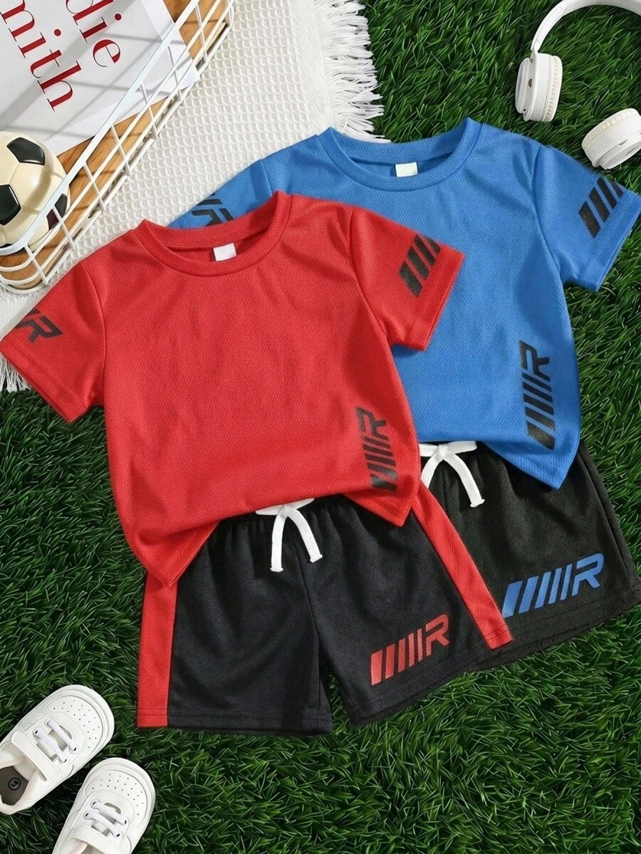 SHEIN Set de 2 piezas de camiseta y pantalones cortos con estampado de letras de color contrastante en estilo deportivo para niños, adecuado para deportes como baloncesto, fútbol, actividades al aire libre, primavera/verano