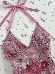 Elamini Spring/Summer Sweet Sexy Pink Sheer Lace Floral Sequin Patchwork Tie-Up V-Neck Slim Fit Halter Tank Top - Hot Pink - View 3