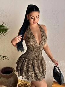 SHEIN SXY 大尺碼夏季性感豹紋露背掛脖迷你洋裝 - 彩色 - 查看 4