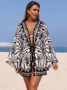 Swim Lushoire 夏季泳裝新款女款海灘度假優雅性感金黑條紋手工編織布料飄逸流蘇蝙蝠袖寬鬆和服式罩衫，女款優雅和服，女款復活節和服，女款休閒和服，女款度假和服，女款鄉村和服，女款假日和服，女款性感和服，夏季和服式罩衫 - 黑色 - 查看 4