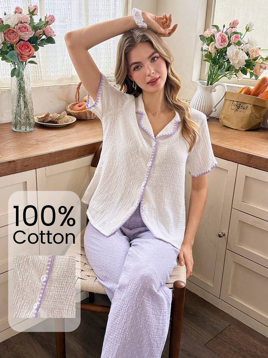 Snug Reverie Bộ đồ mặc nhà 100% cotton gồm áo tay ngắn cổ bẻ viền vỏ sò vân nổi màu kem + quần dài thường ngày màu tím khoai môn - Nhiều màu - Xem 1