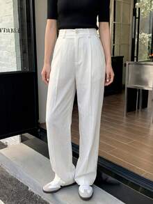 Solavon Off-White Button Straight Leg Casual Minimalist Women's Long Pants, Versatile Slimming Daily Wear, Spring Summer Autumn Winter Brunch Work - Apricot - View 3