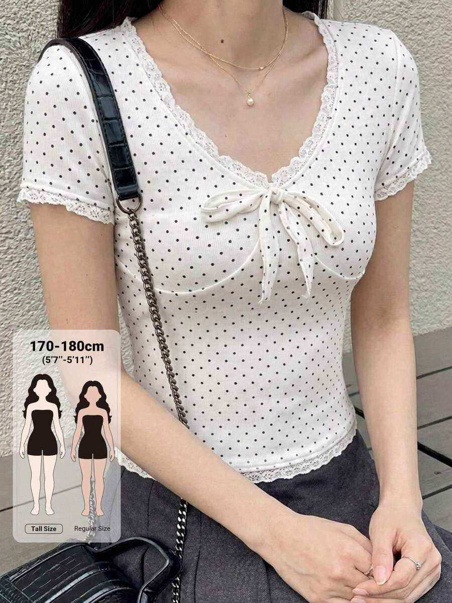 Dazy Tall 女款高個子長袖波點蕾絲拼接休閒T恤,適合高個女孩的可愛上衣 - 彩色 - 查看 1