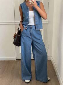 Dazy Tall Setelan Rompi Denim Kasual dan Celana Panjang Lebar untuk Wanita Musim Panas - Medium Wash - View 2