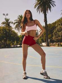 Aralina 女款拼色細肩帶背心上衣與高腰短褲休閒日常運動套裝 - 粉色 - 查看 9