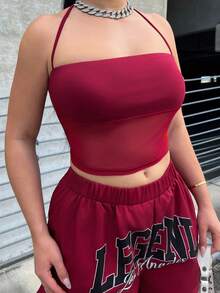 Dayanna Comas Women's Semi-Sheer Lace & Mesh Splice Halter Casual Tank Top Summer - Burgundy - View 3