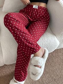 Napfluff Women's Casual Heart Print Waistband Patch Elastic Waist Straight Leg Long Pajama Pants - Burgundy - View 1