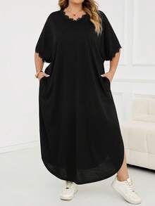 SHEIN CURVE+ 大尺碼女款春夏新款時尚通勤休閒口袋設計開衩長款袍裙 - 黑色 - 查看 9