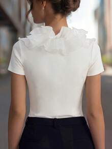 EMERY ROSE Camiseta de verano elegante de unicolor con ribete de volantes - Blanco - Ver 2