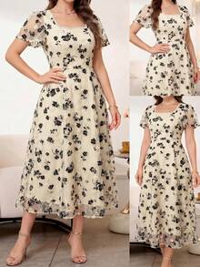 SHEIN Clasi 女款刺繡方領荷葉邊短袖優雅中長洋裝 - 黑與白 - 查看 5