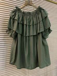 Franclia 女士橄榄绿纽扣设计荷叶边下摆宽松衬衫 - 軍綠色 - 查看 2
