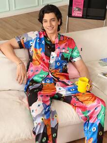 Chillnights Couples Young Cute Fun Vibrant Cat Print Lapel Front-Opening Satin Men's Loungewear Set - Multicolor - View 5