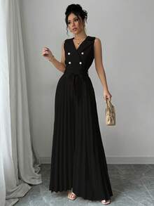 Selianne Women's Elegant Apricot Double-Breasted Pleated Jumpsuit, Suitable For Spring And Autumn - Black - View 6