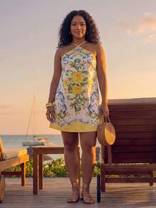 CAJUNI Plus Size Women Floral Print Casual Sleeveless Dress - Yellow - View 3
