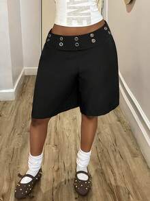 StreetHx Women's Summer Eyelet Decor Suit Shorts - Black - View 4