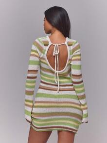 MUSERA Multi Colour Stripe Open Tie Back Long Sleeve Knitted Mini Dress Sexy Cute Spring Summer Holiday Vacation Going Out Girly Cool Girl Late Checkout - Khaki - View 2
