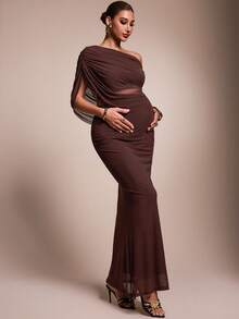 MaterniChic Elegant Solid Color Asymmetric Collar Top And Skirt 2 Pieces Set For Pregnant Women - Burgundy - View 7