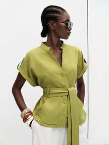 Aveloria Modichic European And American Style Spring/Summer New Fashion Versatile Diagonal Fabric Tie Waist Elegant Casual Office Brunch Solid Color Blouse Olive Green - Green - View 6