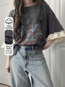 Dazy Tall Women's Summer Round Neck Contrast Color Lace Patchwork Loose Printed Casual Pullover T-Shirt Oversized - Grey - View 9