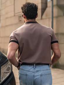 YOUESAWY YOUESAWY Camisa polo de manga corta de hombre casual minimalista con ribete de contraste - Café integral - Ver 2