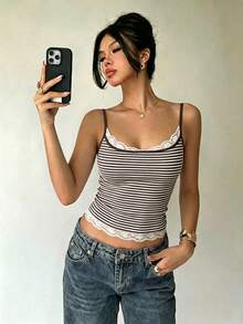 Aloruh 女款性感 Y2K 風格蕾絲拼接條紋細肩帶背心 - 棕色 - 查看 1