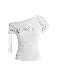 ROMWE Vintage Y2K Burnout Perforated Rivet Design Loose Asymmetrical Shoulder T-Shirt - White - View 5
