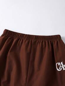 SHEIN Casuvi Kids 青少年女孩舒適寬鬆戶外運動落肩T恤與工裝褲2件套 - 咖啡棕 - 查看 6