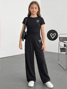 SHEIN Tween Girl Knitted Solid Color Heart Pattern Ruched Casual T-Shirt And Long Pants 2 Pieces Set - Dark Grey - View 3