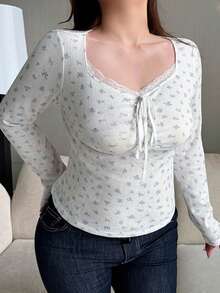 Dazy Plus Plus Size Spring/Autumn Casual Ditsy Floral T-Shirt - Mint Green - View 4