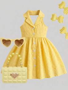 SHEIN Elladie kids 花园女孩夏季新款时尚Polo领露背吊带束腰甜美度假风连衣裙，少女正式连衣裙 - 黃色 - 查看 2